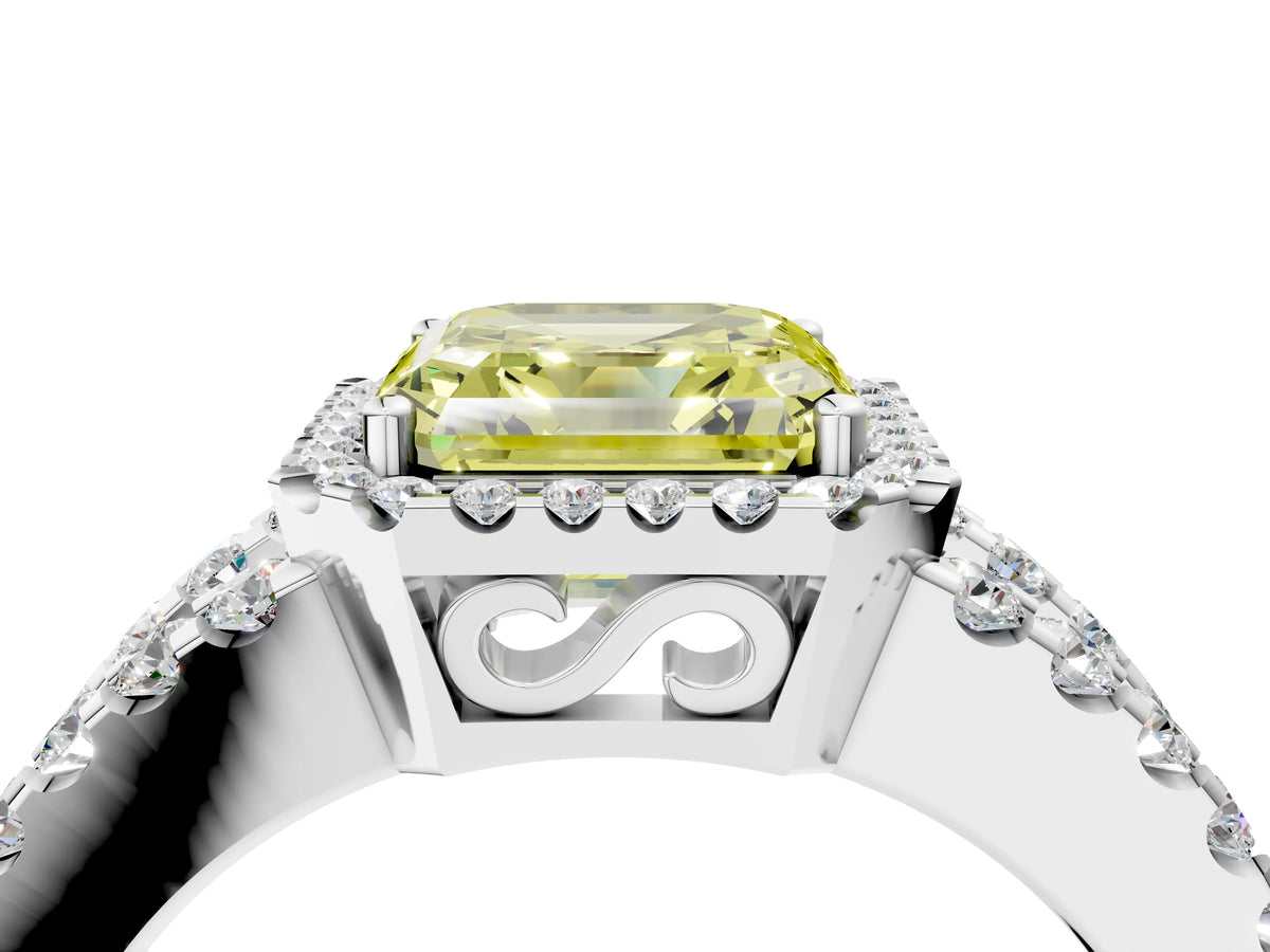 Fancy Yellow Asscher Cut Diamond Halo Ring in White gold with Split Shank Band and Prong Setting_4