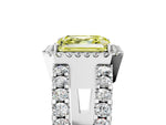 Fancy Yellow Asscher Cut Diamond Halo Ring in White gold with Split Shank Band and Prong Setting_5