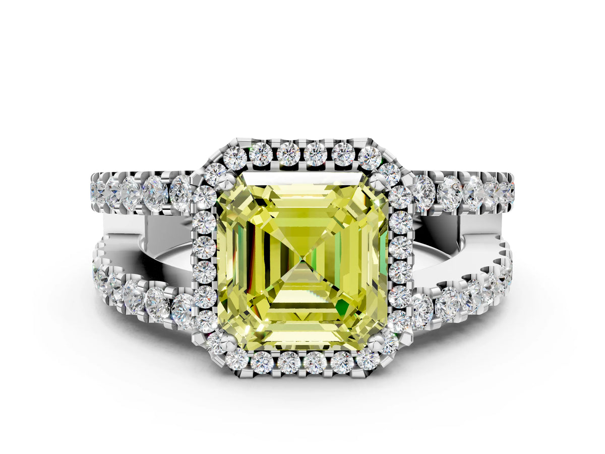 Fancy Yellow Asscher Cut Diamond Halo Ring in White gold with Split Shank Band and Prong Setting