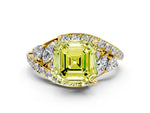 Fancy Yellow Asscher Cut Diamond Halo Ring in Yellow gold with Marquise and Pavé Band in Prong Setting