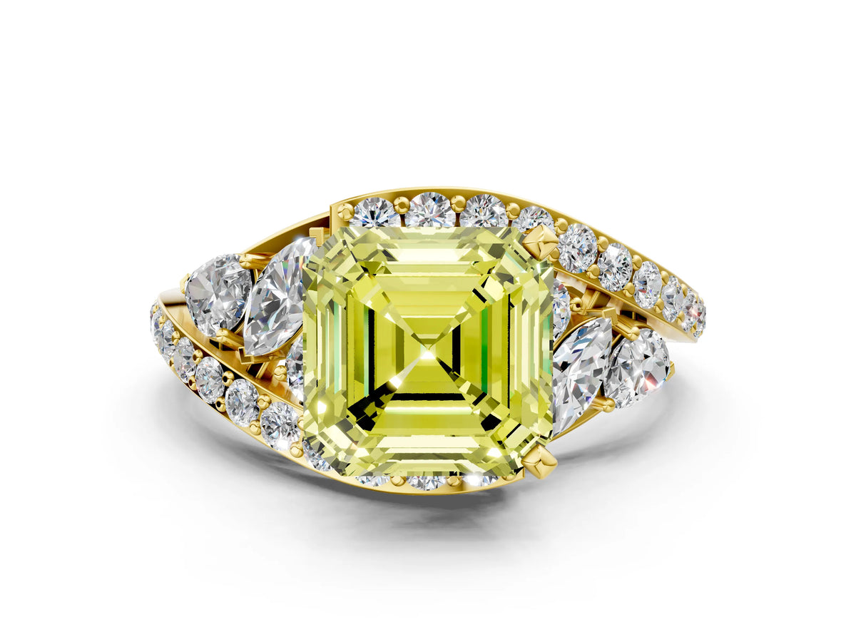 Fancy Yellow Asscher Cut Diamond Halo Ring in Yellow gold with Marquise and Pavé Band in Prong Setting