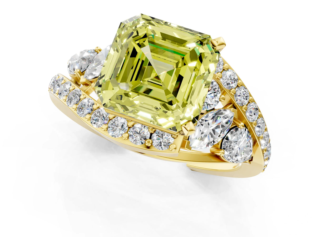 Fancy Yellow Asscher Cut Diamond Halo Ring in Yellow gold with Marquise and Pavé Band in Prong Setting_1