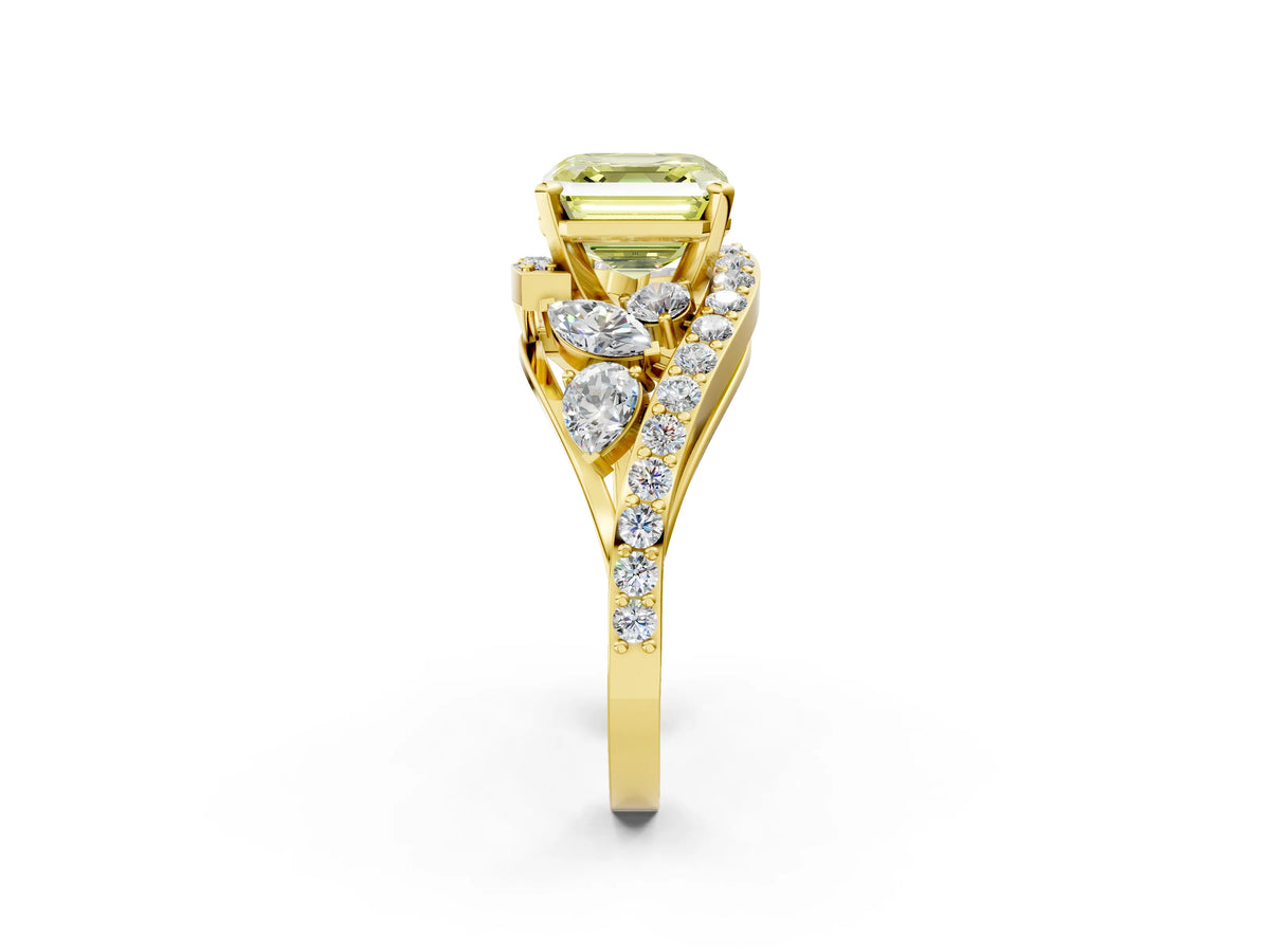 Fancy Yellow Asscher Cut Diamond Halo Ring in Yellow gold with Marquise and Pavé Band in Prong Setting_2
