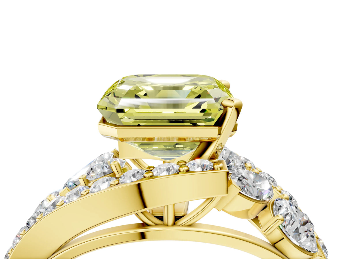 Fancy Yellow Asscher Cut Diamond Halo Ring in Yellow gold with Marquise and Pavé Band in Prong Setting_4