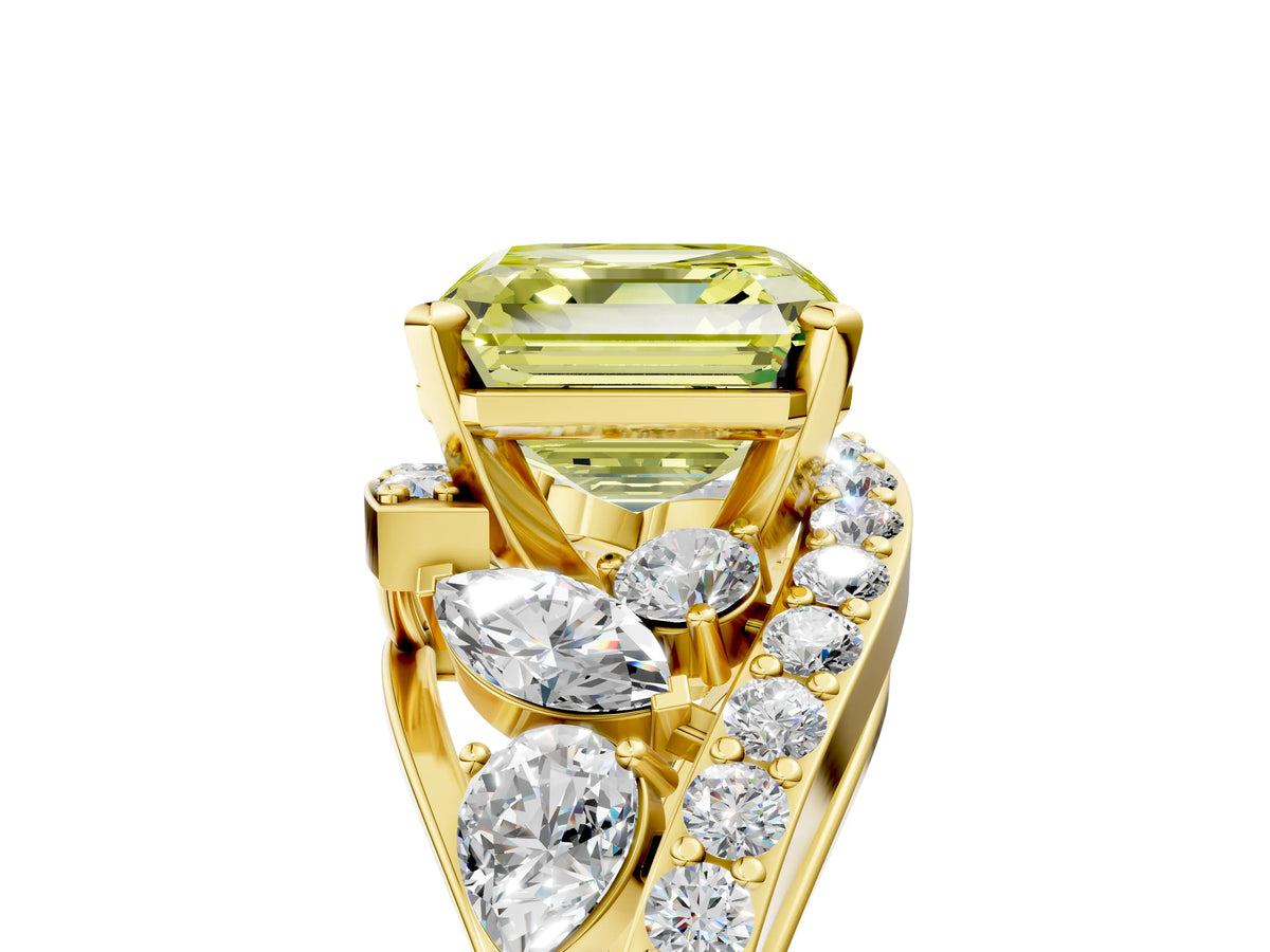 Fancy Yellow Asscher Cut Diamond Halo Ring in Yellow gold with Marquise and Pavé Band in Prong Setting_5