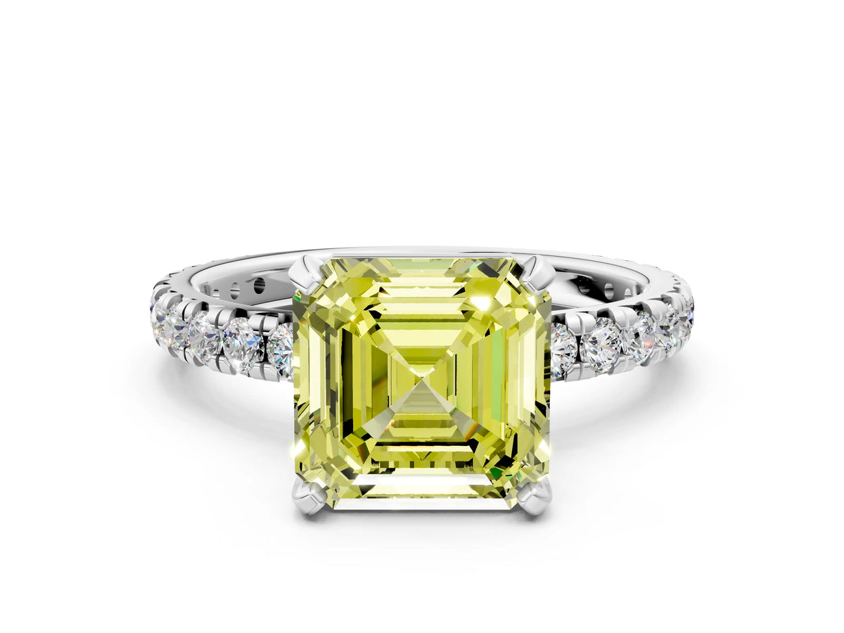 Fancy Yellow Asscher Cut Diamond Pavé Solitaire Ring in Platinum with Round Pavé Band and Prong Setting_12