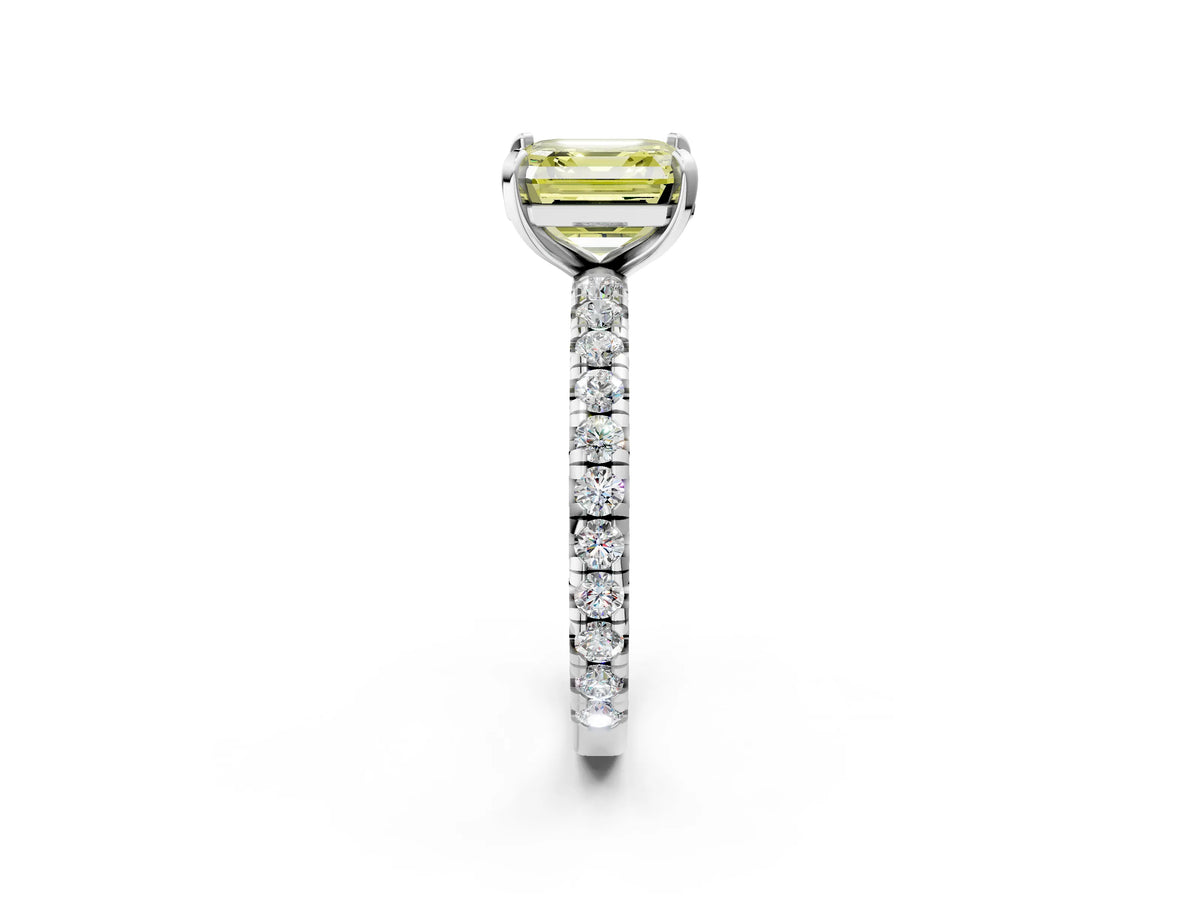 Fancy Yellow Asscher Cut Diamond Pavé Solitaire Ring in Platinum with Round Pavé Band and Prong Setting_14
