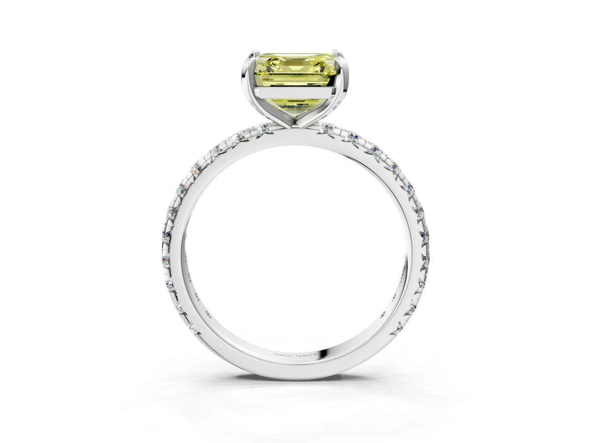 Fancy Yellow Asscher Cut Diamond Pavé Solitaire Ring in Platinum with Round Pavé Band and Prong Setting_15