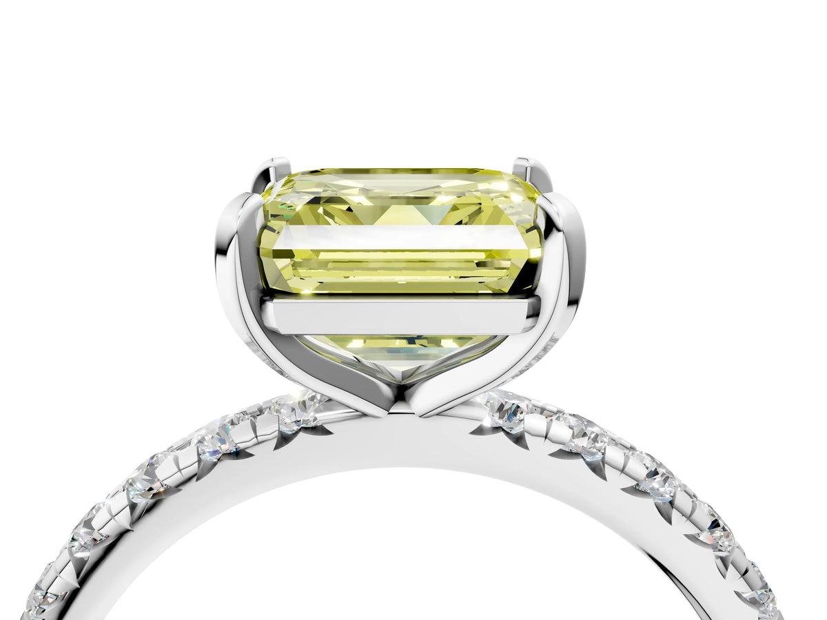 Fancy Yellow Asscher Cut Diamond Pavé Solitaire Ring in Platinum with Round Pavé Band and Prong Setting_16