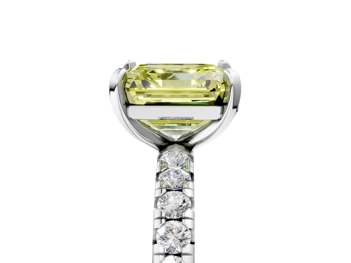 Fancy Yellow Asscher Cut Diamond Pavé Solitaire Ring in Platinum with Round Pavé Band and Prong Setting_17