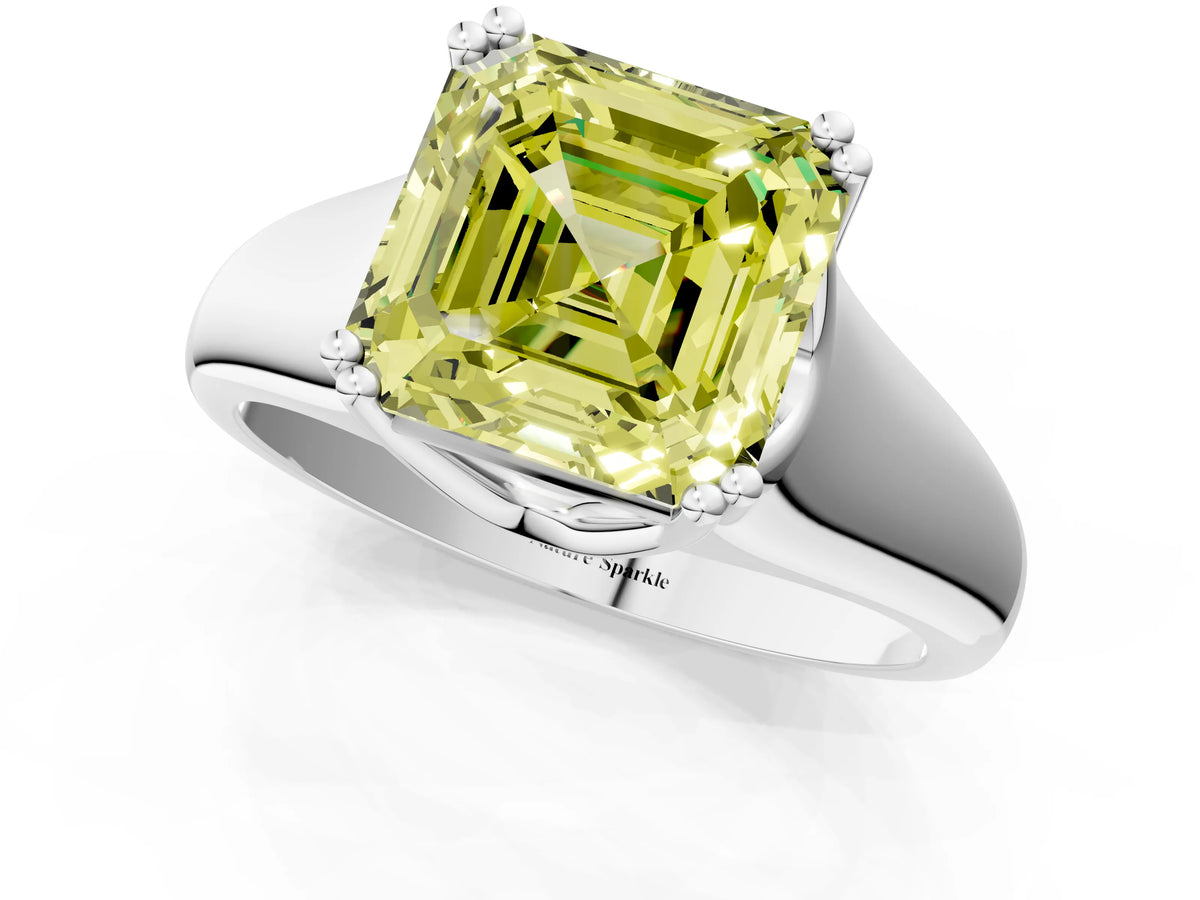 Fancy Yellow Asscher Cut Diamond Solitaire Ring in Platinum with Smooth Wide Band and Prong Setting_13