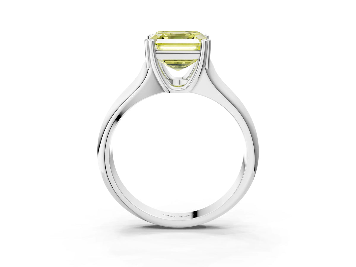 Fancy Yellow Asscher Cut Diamond Solitaire Ring in Platinum with Smooth Wide Band and Prong Setting_15