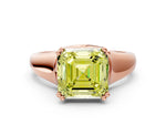 Fancy Yellow Asscher Cut Diamond Solitaire Ring in Rose gold with Smooth Wide Band and Prong Setting