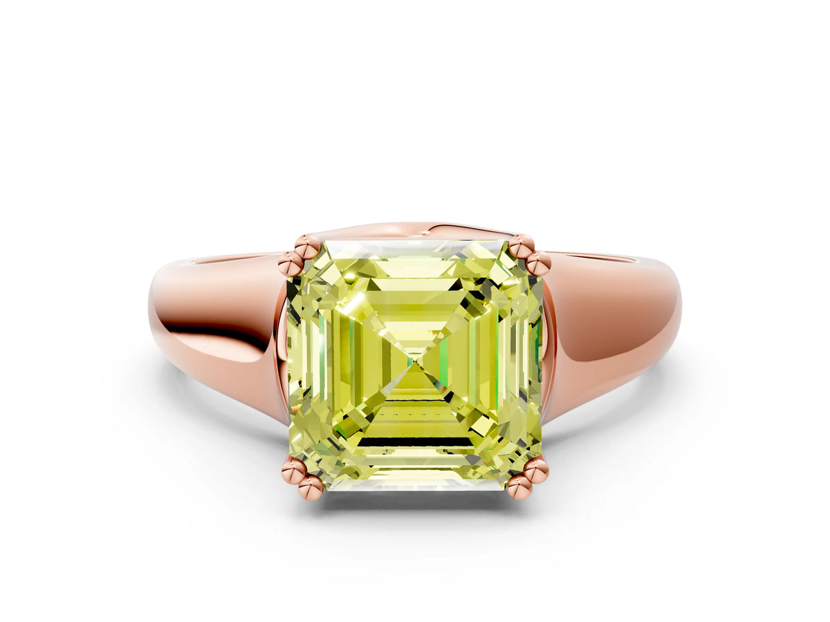 Fancy Yellow Asscher Cut Diamond Solitaire Ring in Rose gold with Smooth Wide Band and Prong Setting