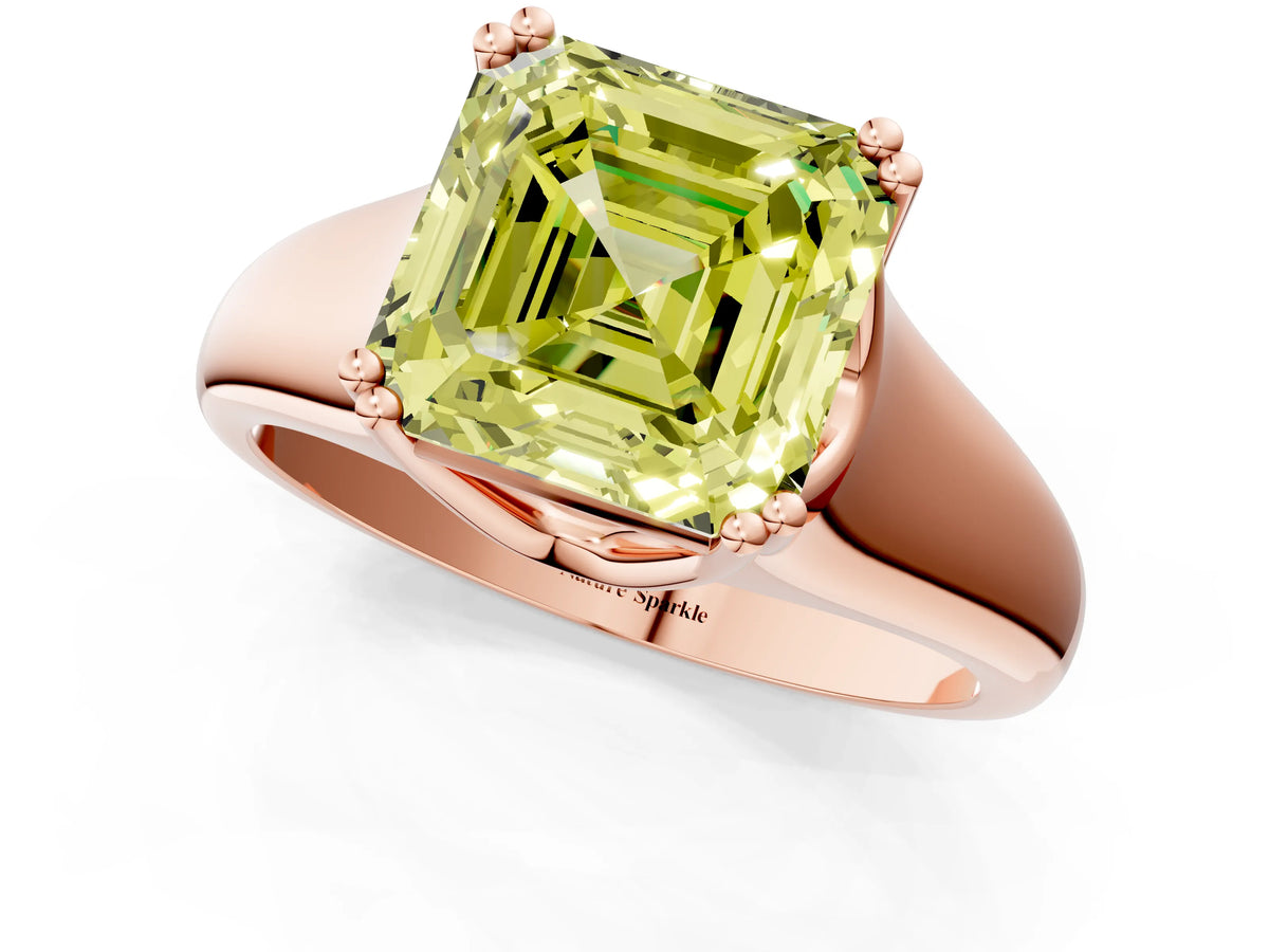 Fancy Yellow Asscher Cut Diamond Solitaire Ring in Rose gold with Smooth Wide Band and Prong Setting_1
