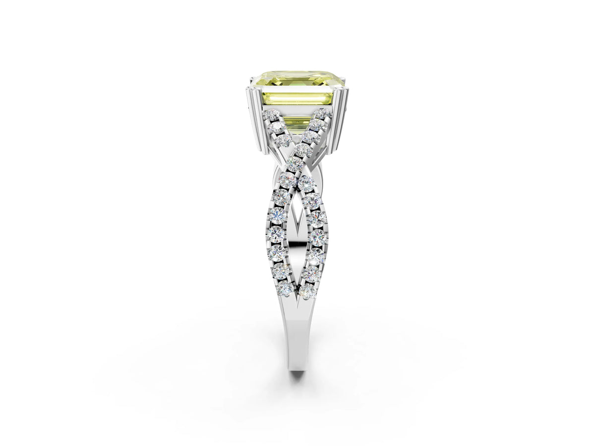 Fancy Yellow Asscher Cut Diamond Solitaire Ring in Silver with Interwoven Pavé Band and Prong Setting_8