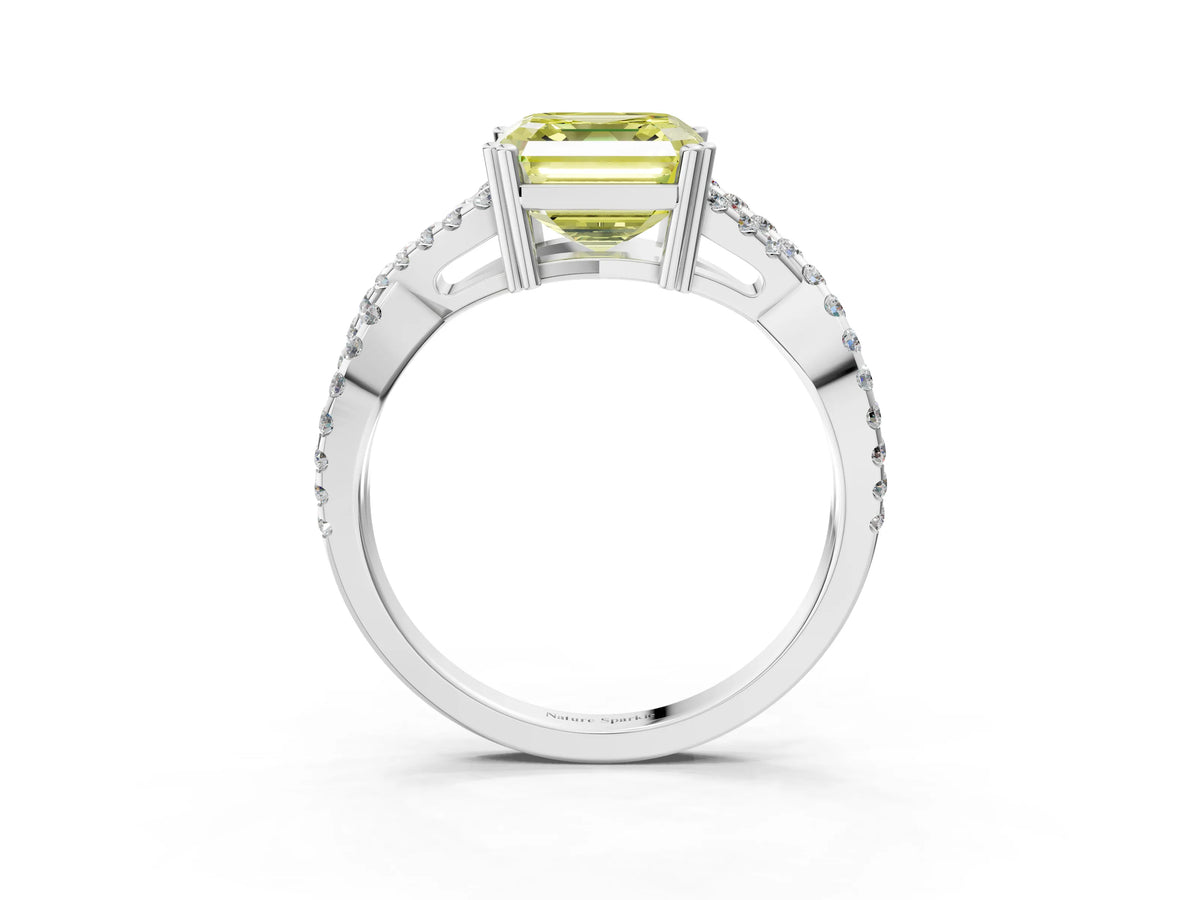 Fancy Yellow Asscher Cut Diamond Solitaire Ring in Silver with Interwoven Pavé Band and Prong Setting_9