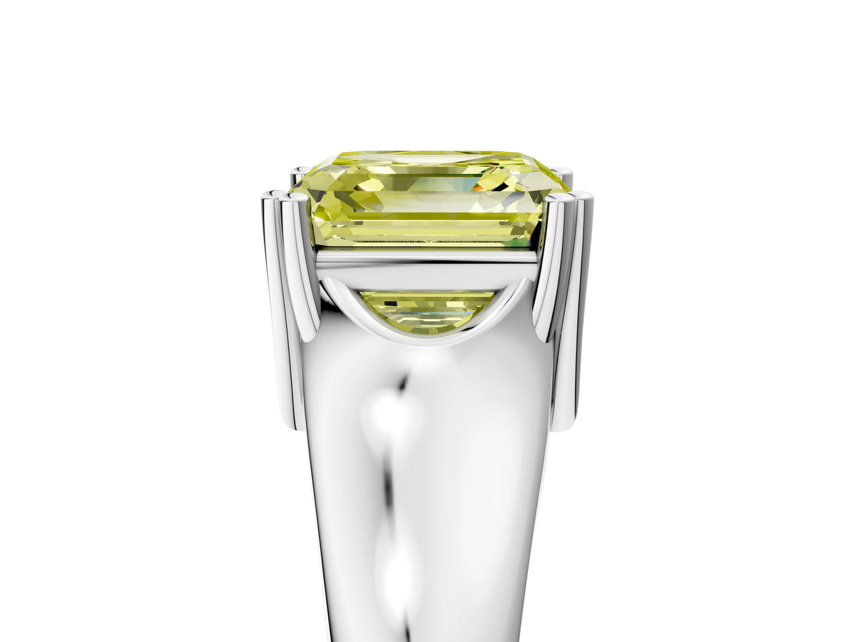 Fancy Yellow Asscher Cut Diamond Solitaire Ring in Silver with Smooth Wide Band and Prong Setting_11