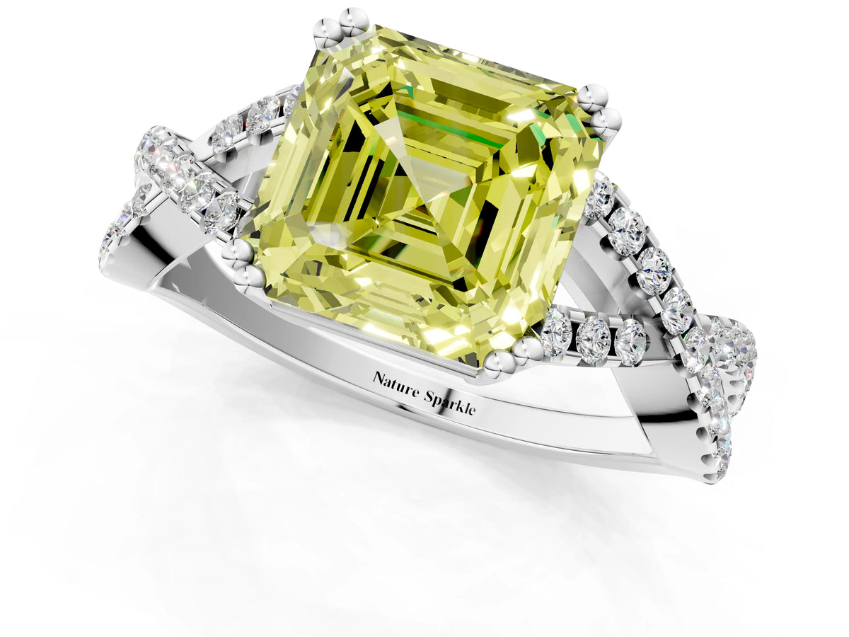 Fancy Yellow Asscher Cut Diamond Solitaire Ring in White gold with Interwoven Pavé Band and Prong Setting_1
