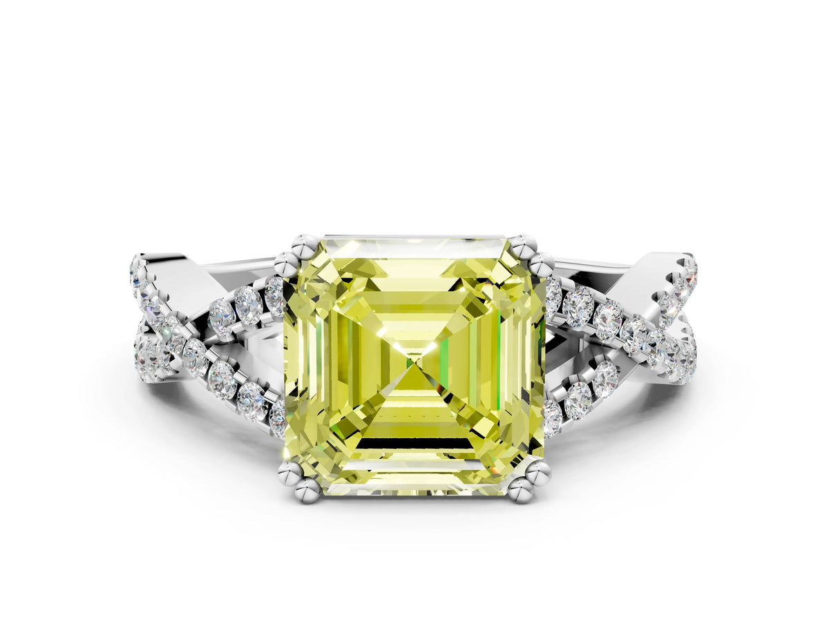 Fancy Yellow Asscher Cut Diamond Solitaire Ring in White gold with Interwoven Pavé Band and Prong Setting