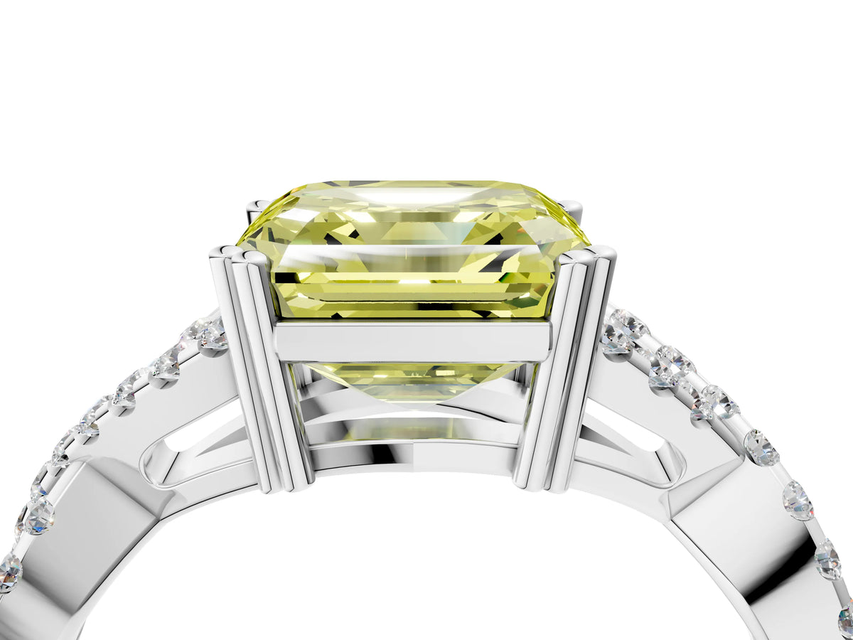 Fancy Yellow Asscher Cut Diamond Solitaire Ring in White gold with Interwoven Pavé Band and Prong Setting_4