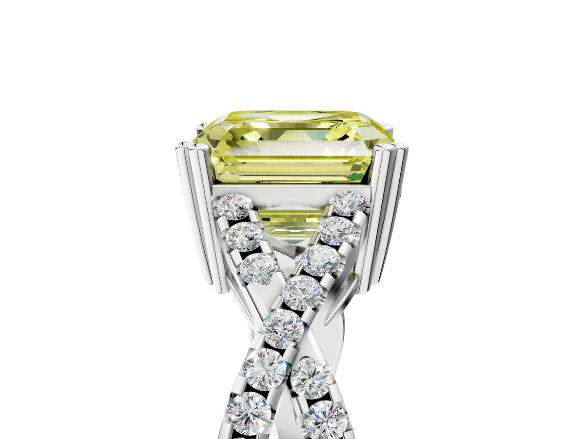 Fancy Yellow Asscher Cut Diamond Solitaire Ring in White gold with Interwoven Pavé Band and Prong Setting_5