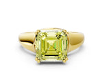Fancy Yellow Asscher Cut Diamond Solitaire Ring in Yellow gold with Smooth Wide Band and Prong Setting