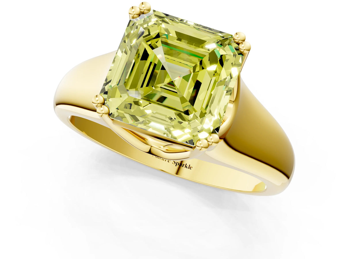 Fancy Yellow Asscher Cut Diamond Solitaire Ring in Yellow gold with Smooth Wide Band and Prong Setting_1