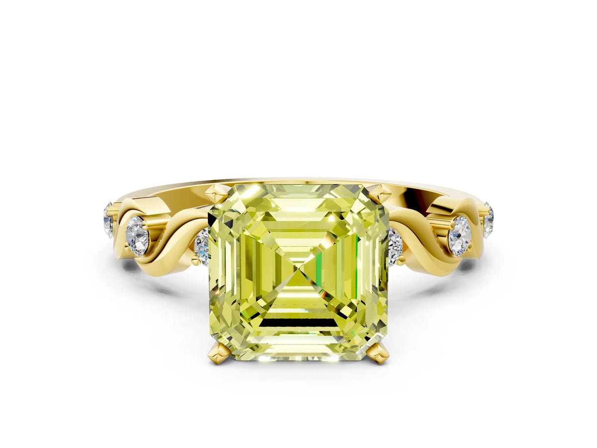 Fancy Yellow Asscher Cut Diamond Solitaire Ring in Yellow gold with Twisted Ribbon Band and Round Accents