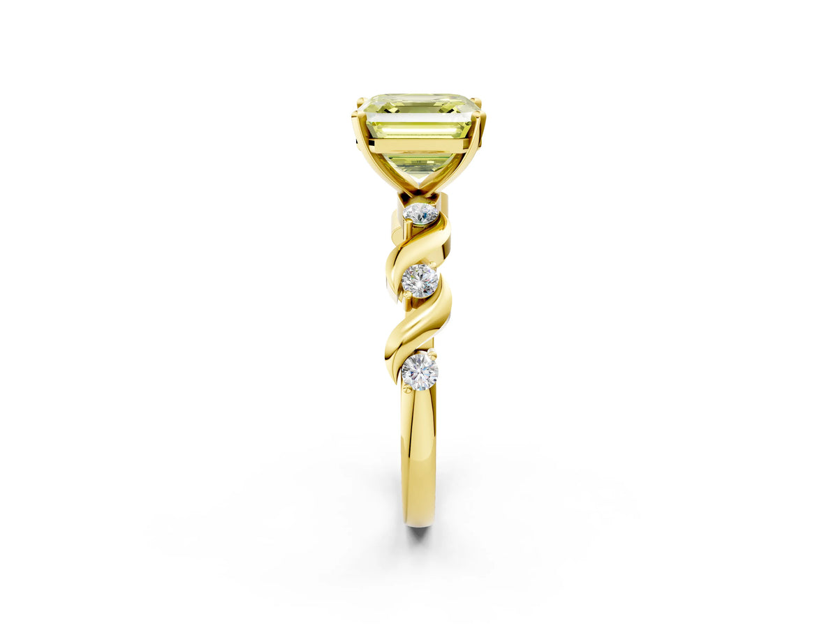 Fancy Yellow Asscher Cut Diamond Solitaire Ring in Yellow gold with Twisted Ribbon Band and Round Accents_2