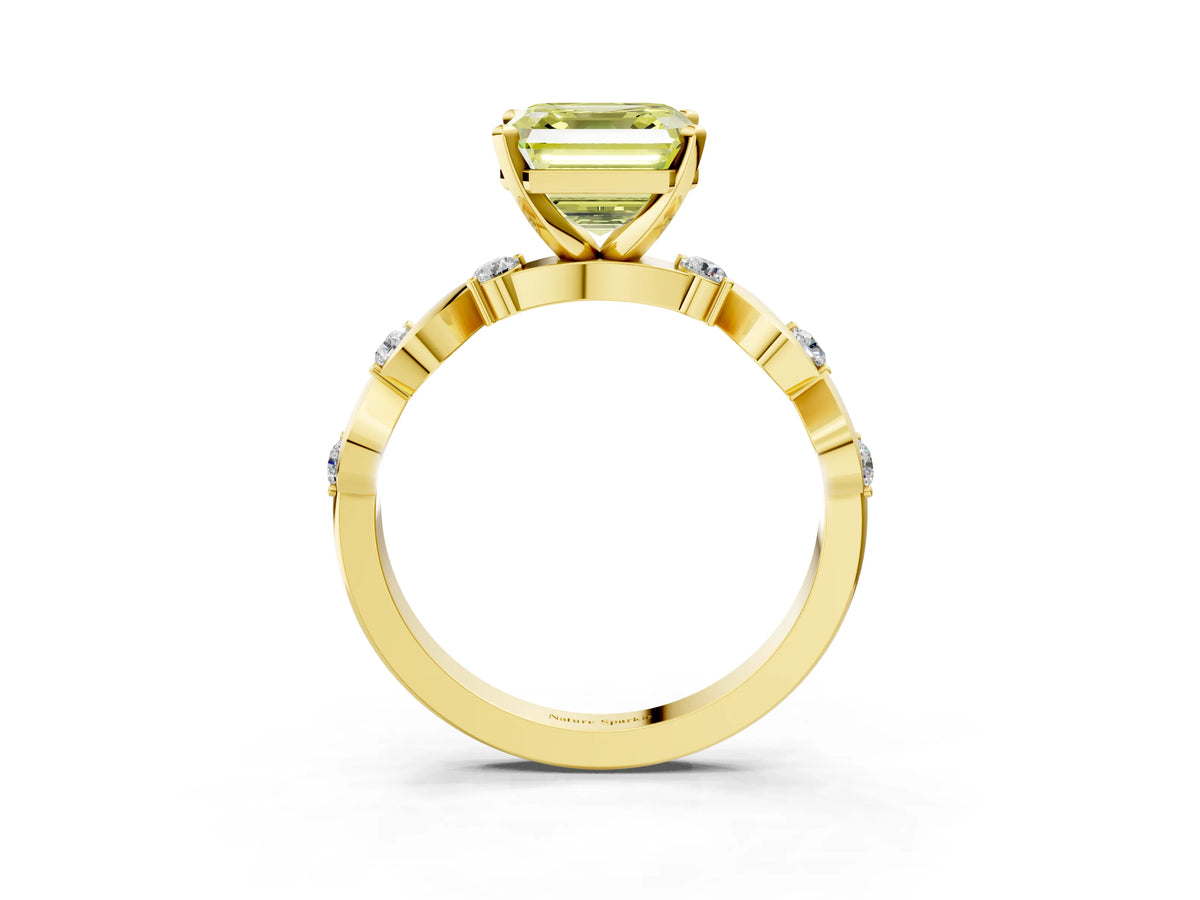 Fancy Yellow Asscher Cut Diamond Solitaire Ring in Yellow gold with Twisted Ribbon Band and Round Accents_3