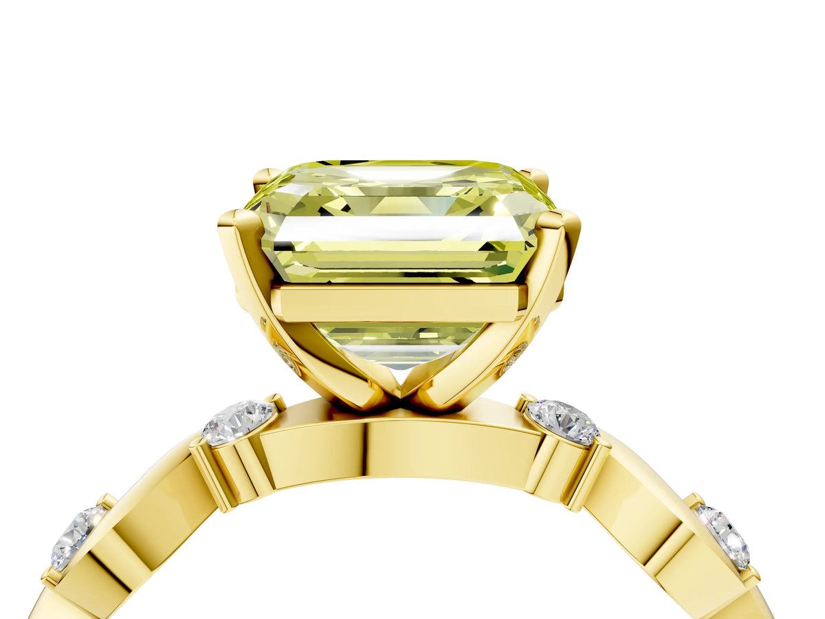 Fancy Yellow Asscher Cut Diamond Solitaire Ring in Yellow gold with Twisted Ribbon Band and Round Accents_4