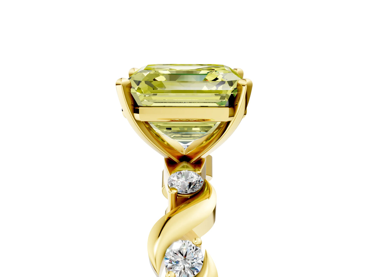 Fancy Yellow Asscher Cut Diamond Solitaire Ring in Yellow gold with Twisted Ribbon Band and Round Accents_5