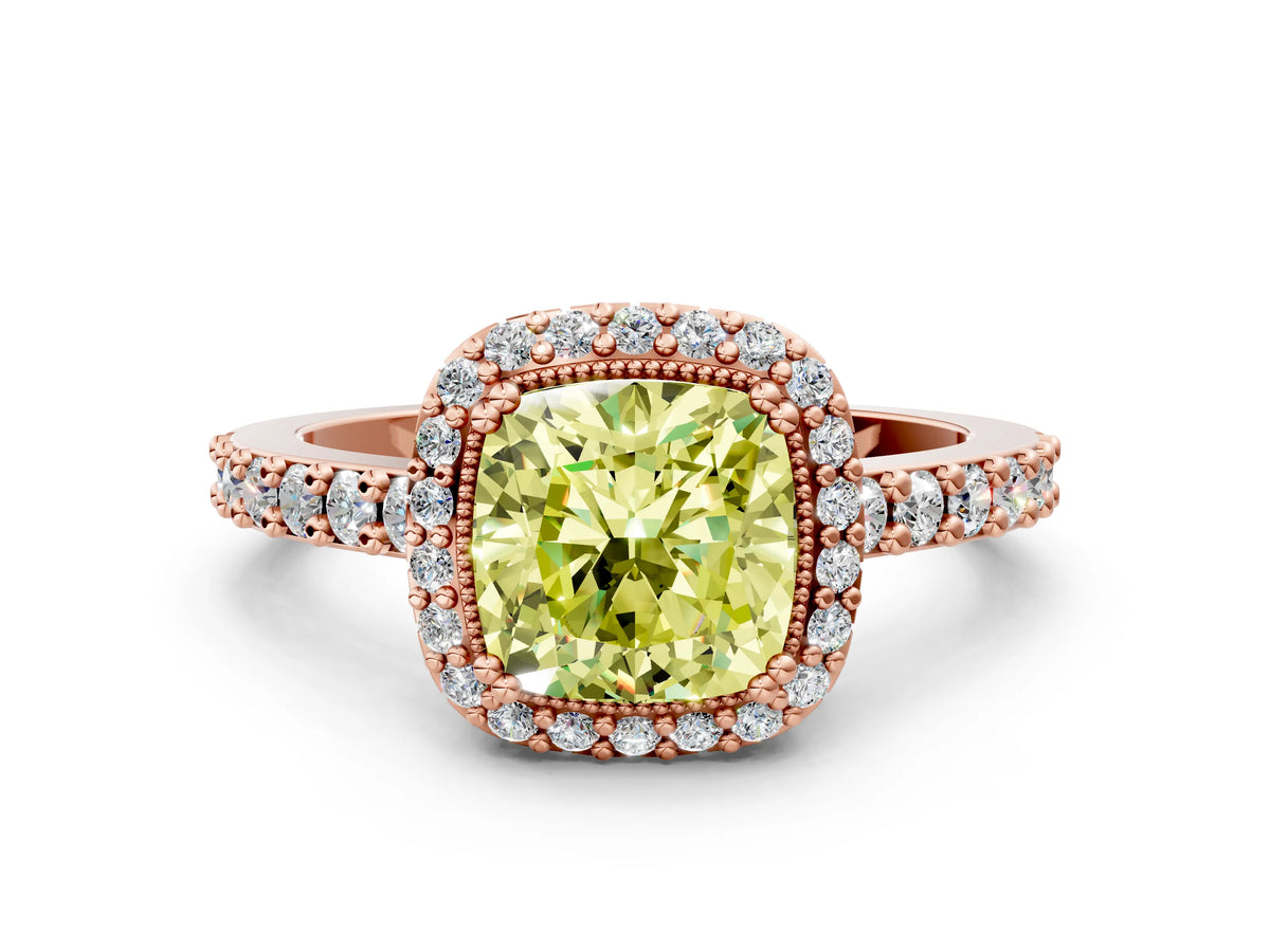 Fancy Yellow Cushion Cut Diamond Halo Engagement Ring in Rose gold with Milgrain Detail and Pavé Band
