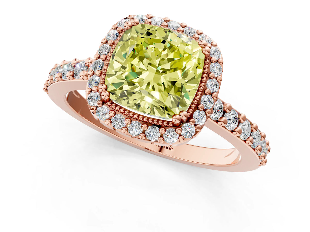 Fancy Yellow Cushion Cut Diamond Halo Engagement Ring in Rose gold with Milgrain Detail and Pavé Band_1