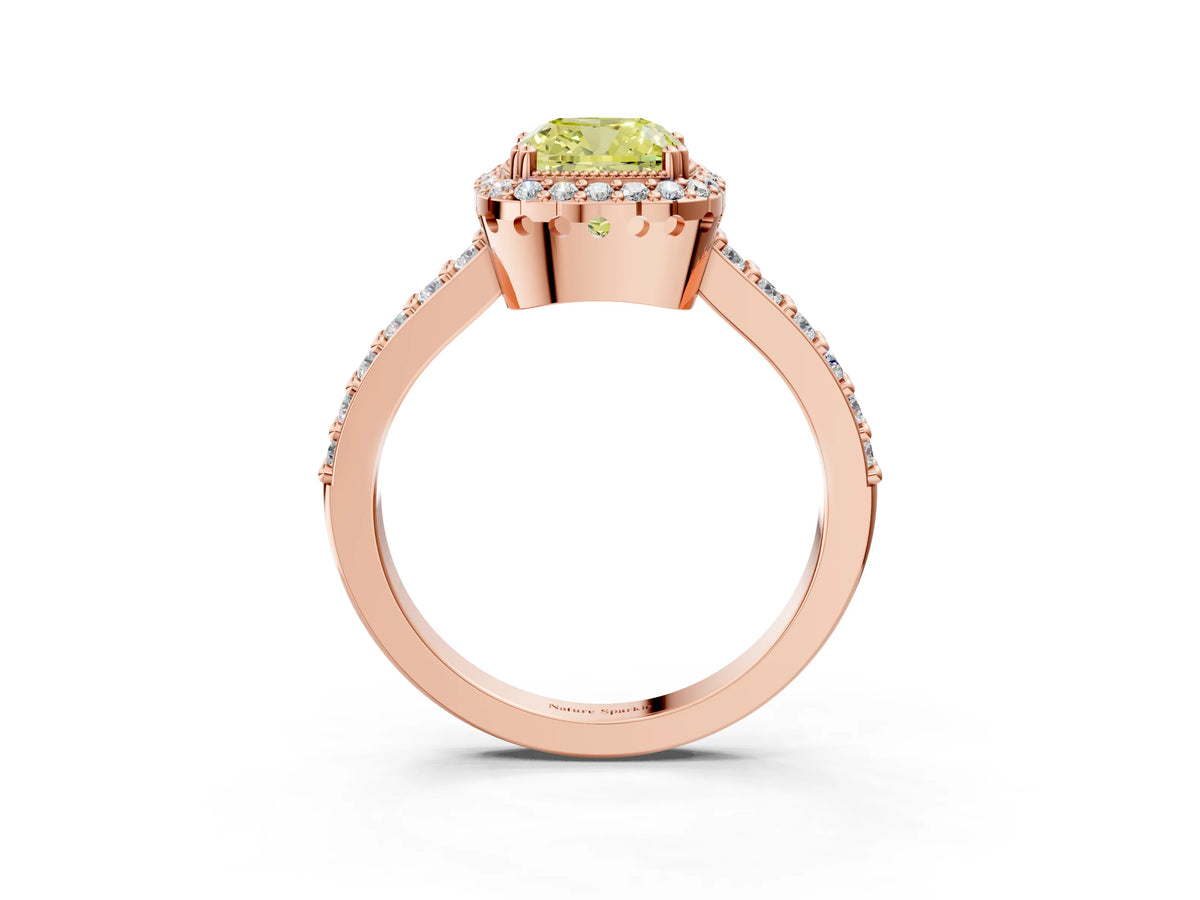 Fancy Yellow Cushion Cut Diamond Halo Engagement Ring in Rose gold with Milgrain Detail and Pavé Band_3