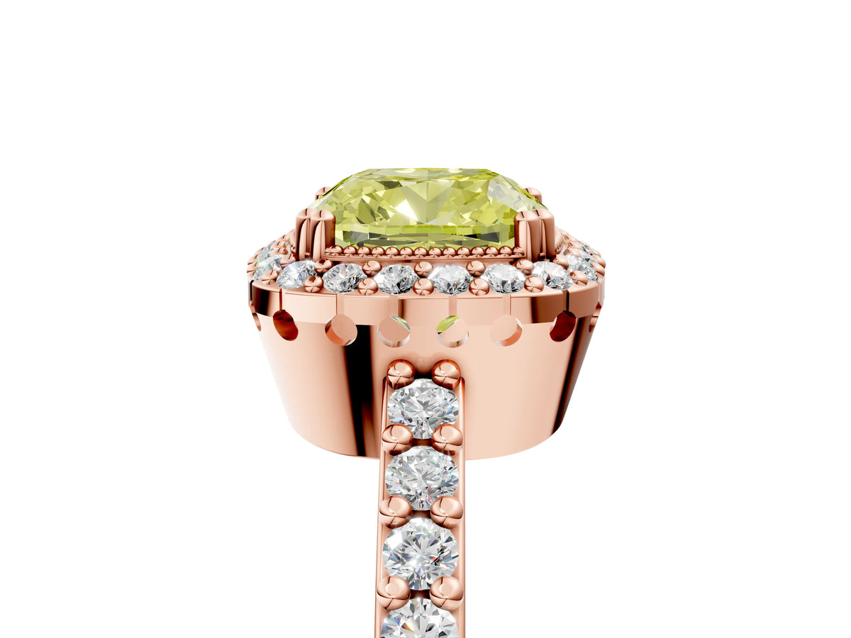 Fancy Yellow Cushion Cut Diamond Halo Engagement Ring in Rose gold with Milgrain Detail and Pavé Band_5