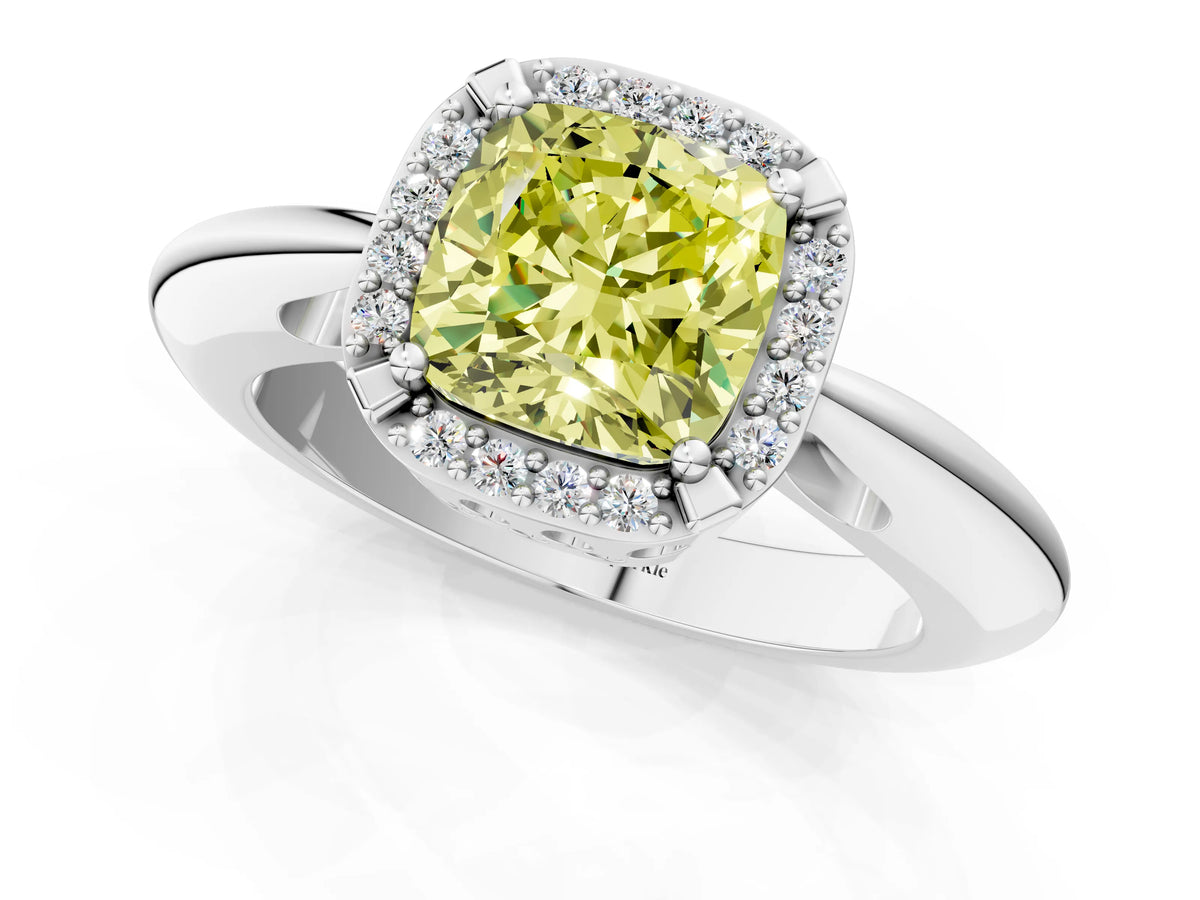 Fancy Yellow Cushion Cut Diamond Halo Engagement Ring in Silver with Plain Split Shank and Prong Setting_13