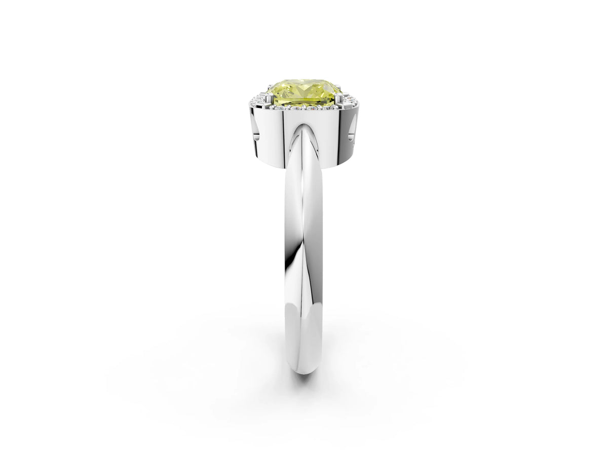 Fancy Yellow Cushion Cut Diamond Halo Engagement Ring in Silver with Plain Split Shank and Prong Setting_14