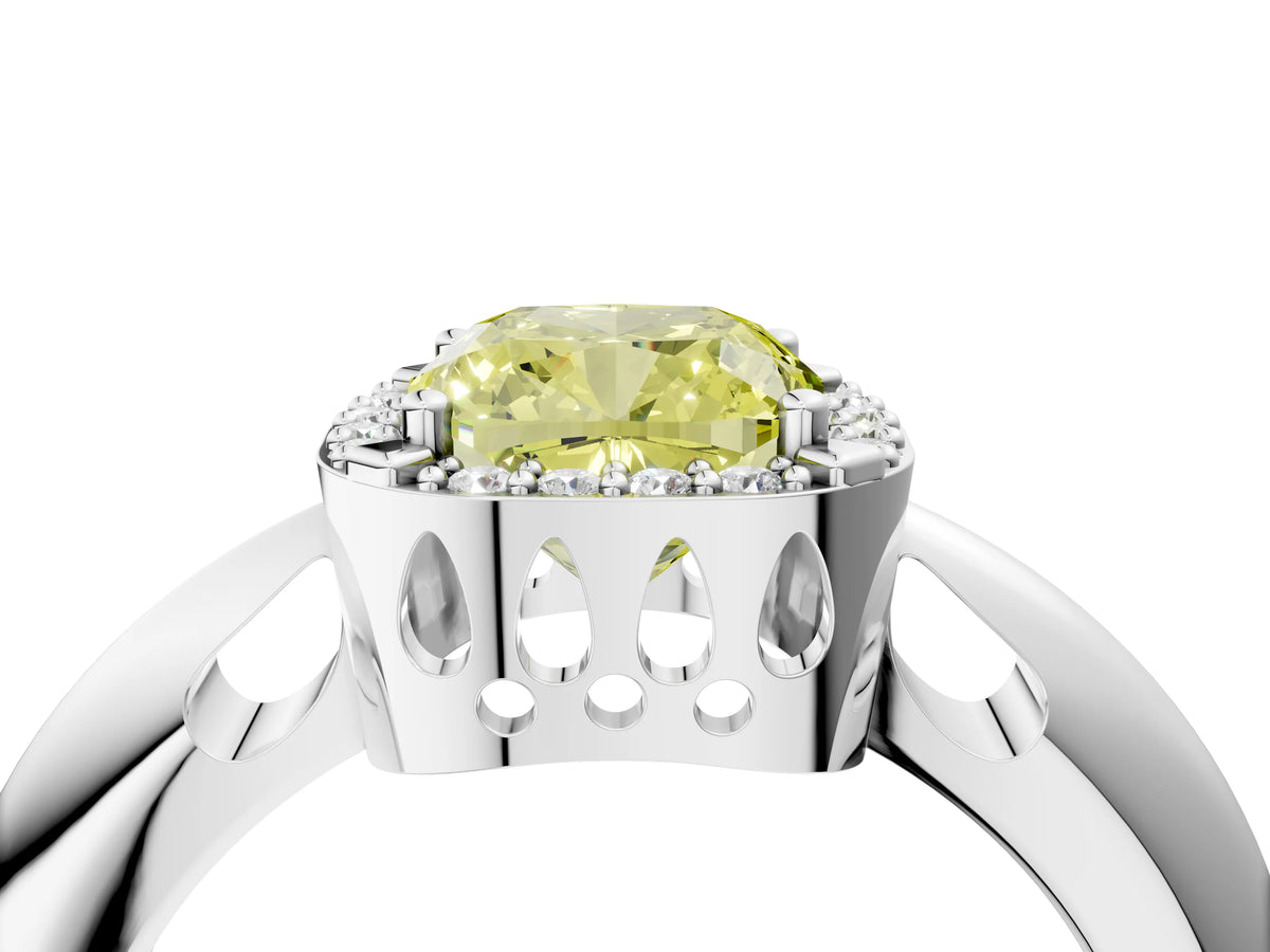 Fancy Yellow Cushion Cut Diamond Halo Engagement Ring in Silver with Plain Split Shank and Prong Setting_16
