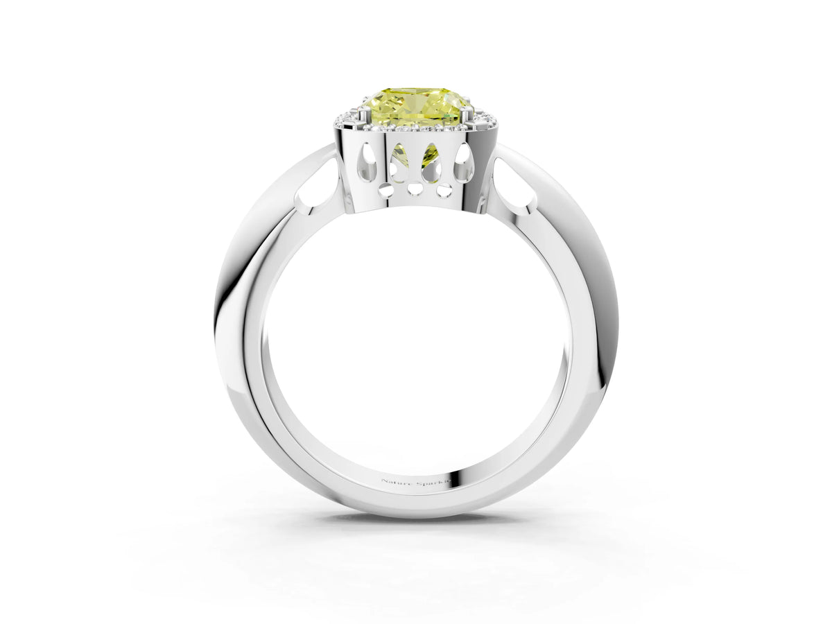 Fancy Yellow Cushion Cut Diamond Halo Engagement Ring in White gold with Plain Split Shank and Prong Setting_3