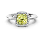 Fancy Yellow Cushion Cut Diamond Halo Engagement Ring in White gold with Plain Split Shank and Prong Setting