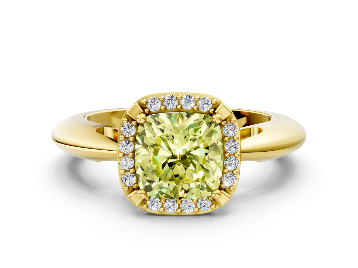 Fancy Yellow Cushion Cut Diamond Halo Engagement Ring in Yellow gold with Plain Split Shank and Prong Setting