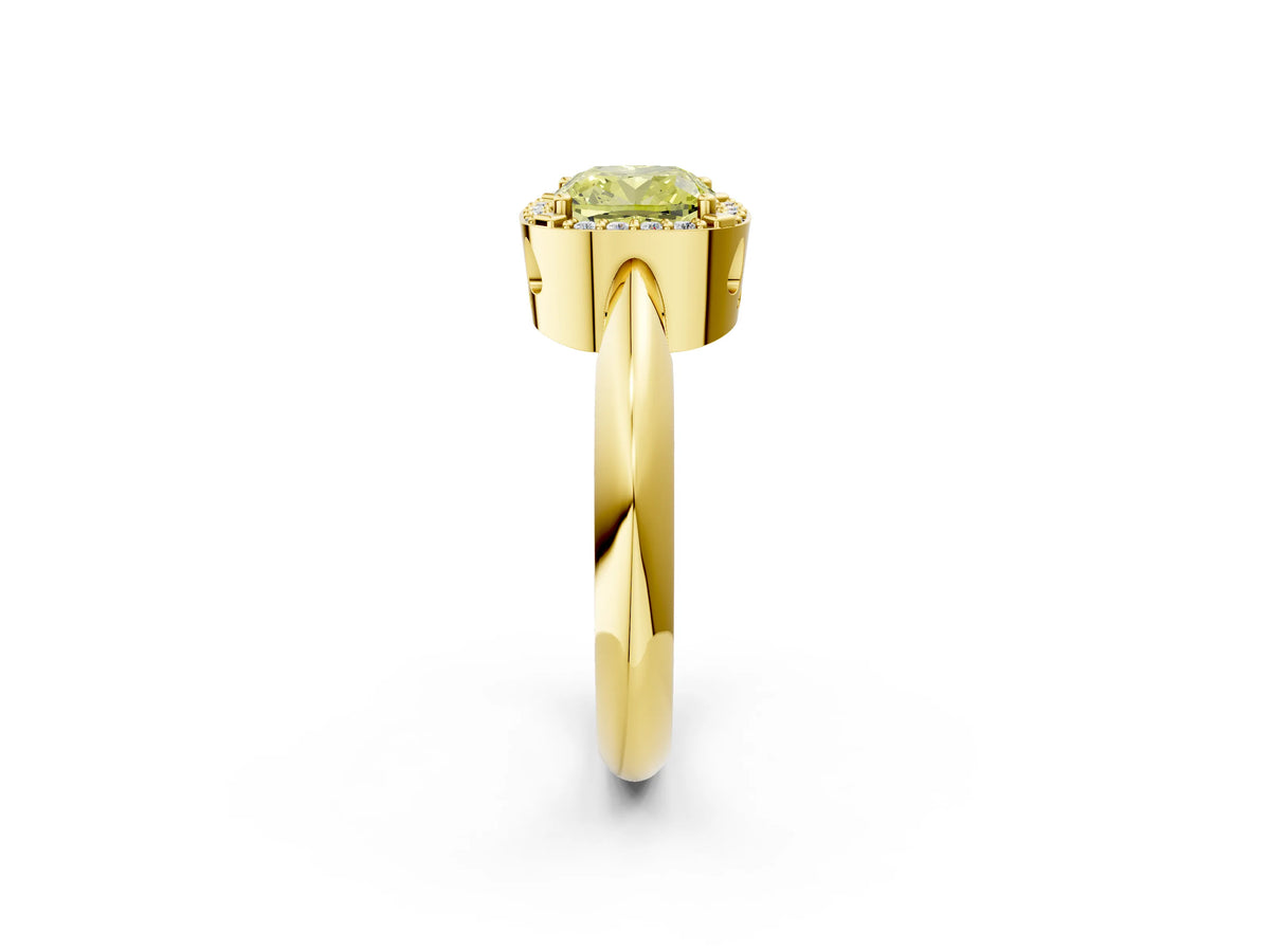 Fancy Yellow Cushion Cut Diamond Halo Engagement Ring in Yellow gold with Plain Split Shank and Prong Setting_2