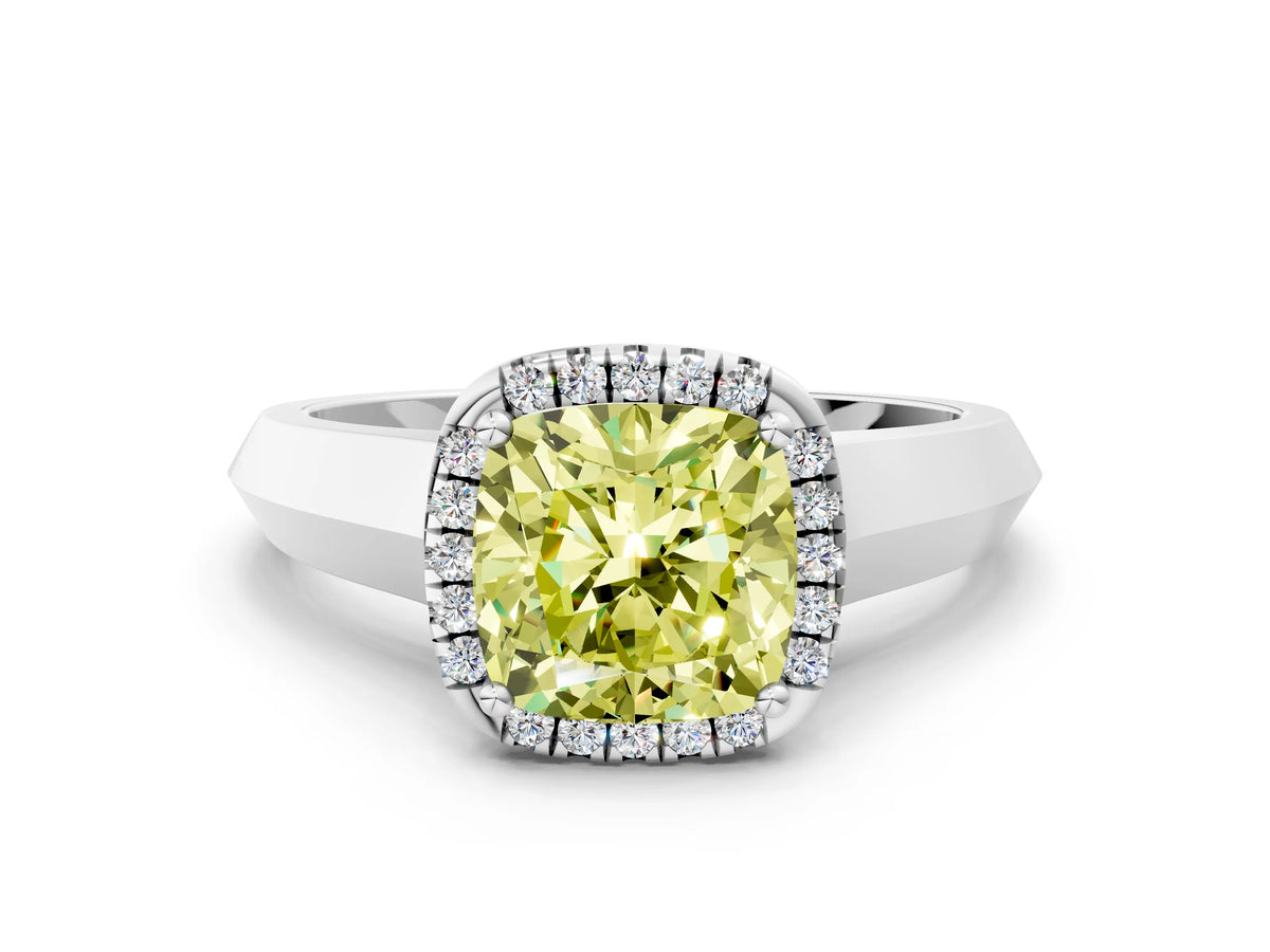 Fancy Yellow Cushion Cut Diamond Halo Ring in Platinum with Cathedral Band and Prong Setting_12