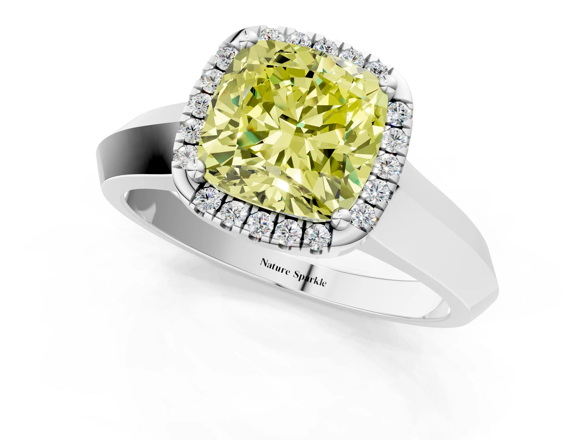 Fancy Yellow Cushion Cut Diamond Halo Ring in Platinum with Cathedral Band and Prong Setting_13