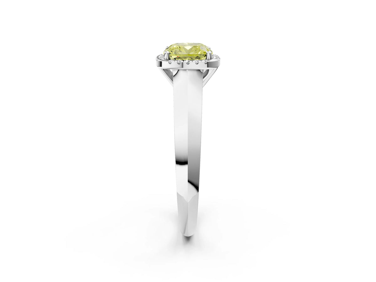 Fancy Yellow Cushion Cut Diamond Halo Ring in Platinum with Cathedral Band and Prong Setting_14