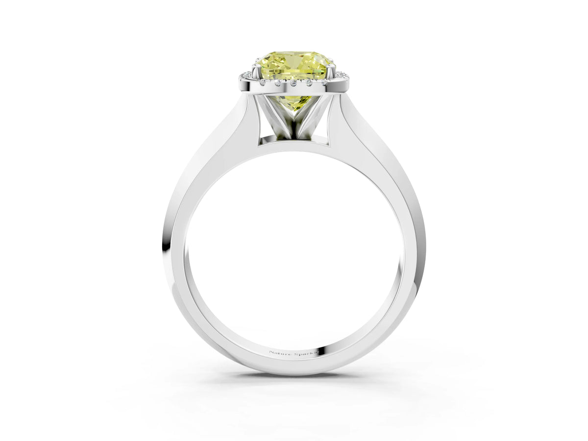 Fancy Yellow Cushion Cut Diamond Halo Ring in Platinum with Cathedral Band and Prong Setting_15