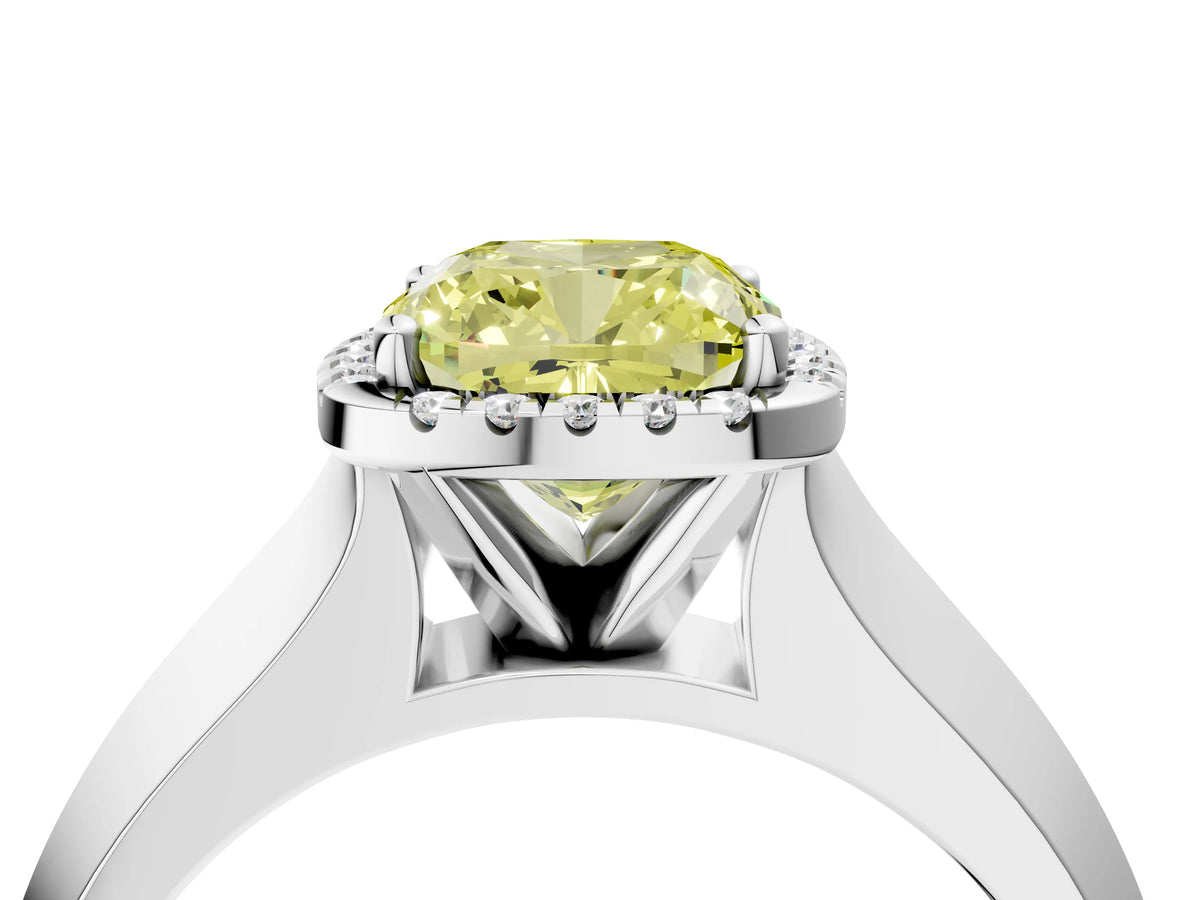 Fancy Yellow Cushion Cut Diamond Halo Ring in Platinum with Cathedral Band and Prong Setting_16
