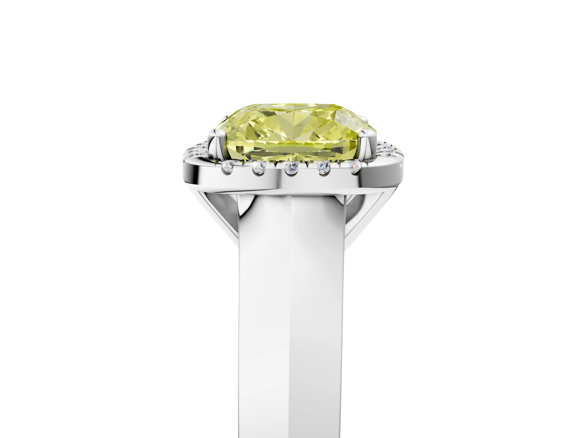 Fancy Yellow Cushion Cut Diamond Halo Ring in Platinum with Cathedral Band and Prong Setting_17